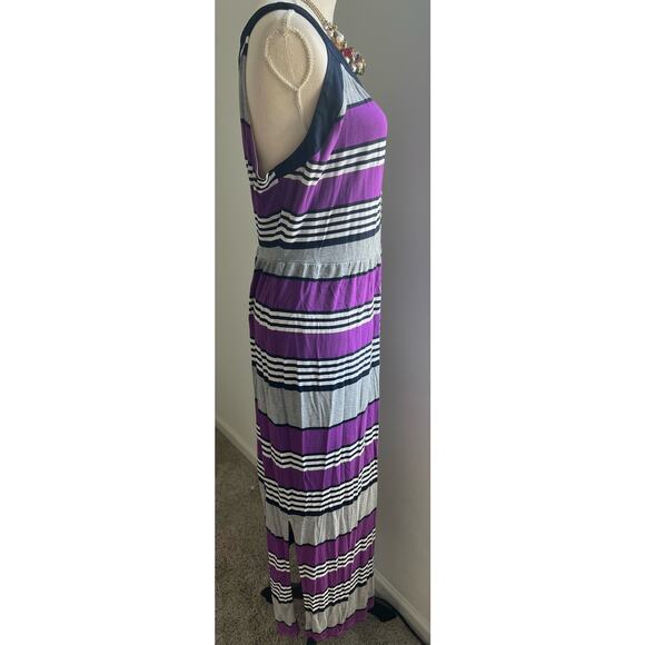 a.n.a. Maxi Purple Black Gray White Striped Sleeveless Slit Sides Dress Woman 1X - Picture 3 of 10